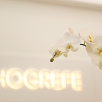 Dezent und doch wirkungsvoll: der beleuchtete Firmenschriftzug im Empfangsbereich Dezent und doch wirkungsvoll: der beleuchtete Firmenschriftzug im Empfangsbereich